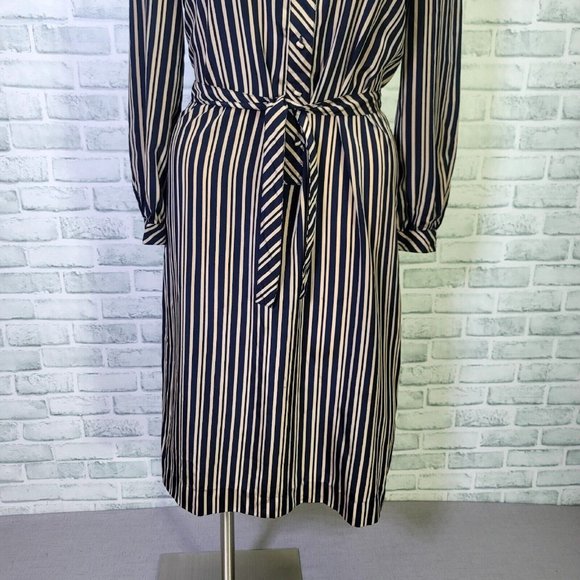 Vintage 70s Schrader Sport‎ Womens L Tan Navy Striped Long Sleeve Shirt Dress - Picture 5 of 11